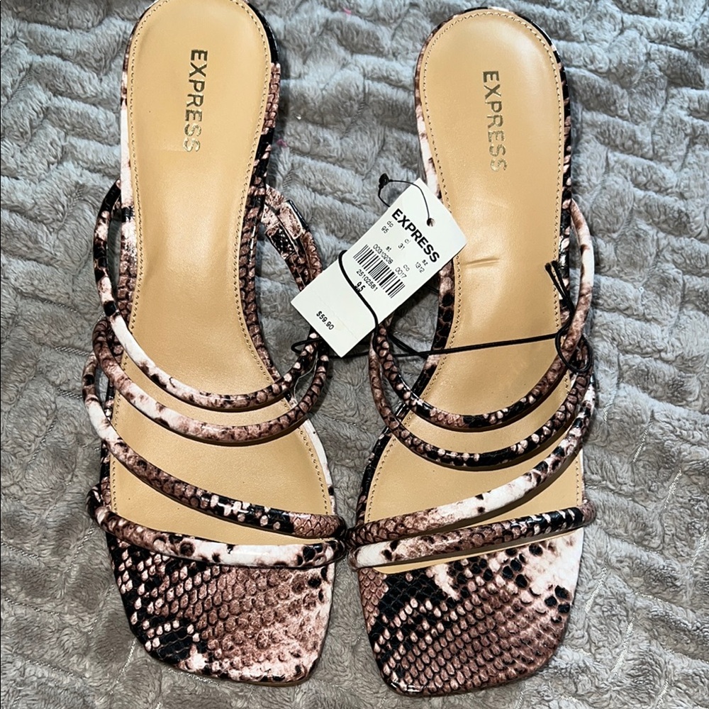 Express Women's Strappy Snakeskin Sandals - Tan and Black